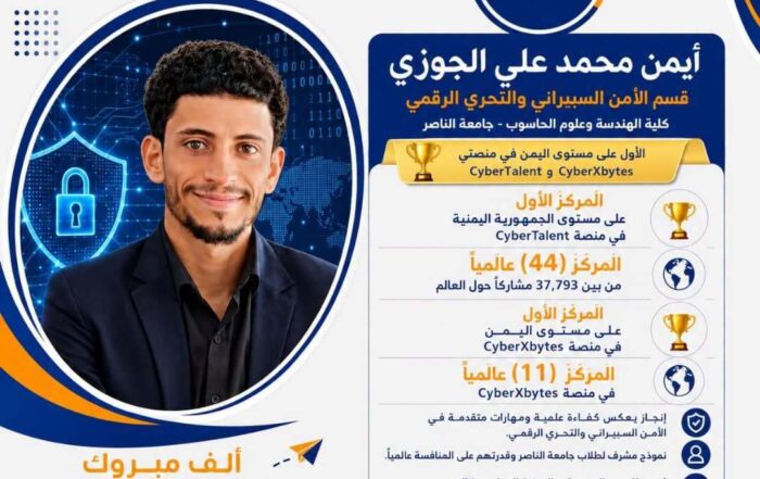 طالب من كلية الهندسة وعلوم الحاسوب بجامعة الناصر يحقق مراكز متقدمة عالمياً في الأمن السيبراني والتحري الرقمي